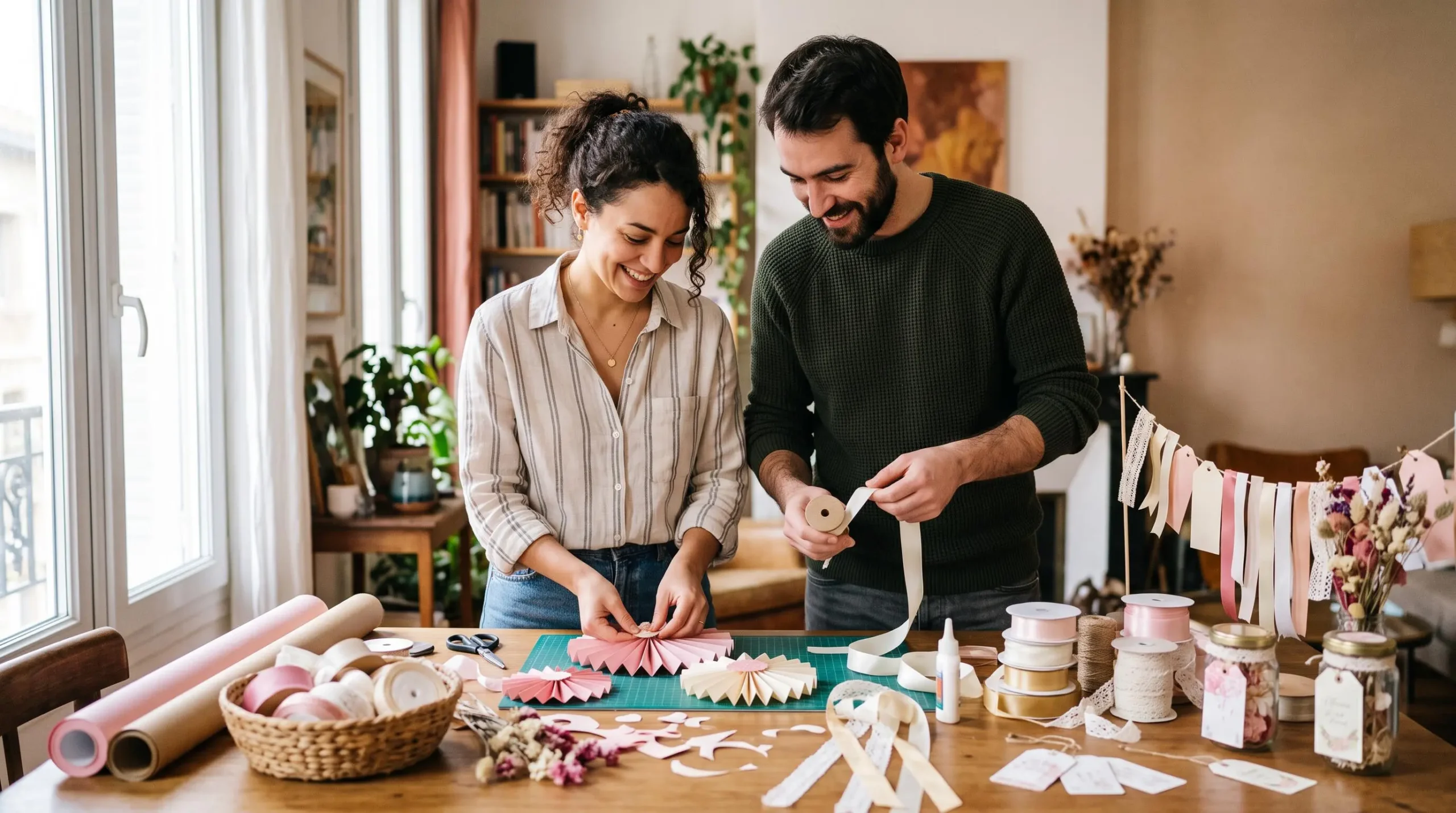 Couple créant ensemble des décorations artisanales pour leur mariage avec du papier et des rubans sur une table