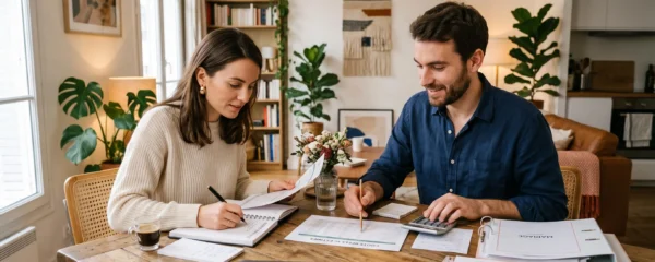 Couple français planifiant le budget de leur mariage à table avec documents, calculatrice et notes