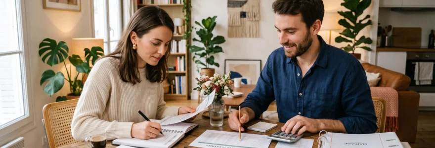 Couple français planifiant le budget de leur mariage à table avec documents, calculatrice et notes